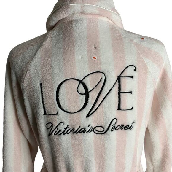 Victorias Secret Fleece Short Robe XS Pink Stripes Long Sleeve Pockets Tie Belt - Picture 5 of 9